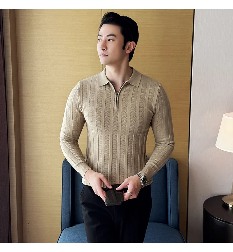 Men's Zip-Front Knit Sweater - White Polo Collar (Black/Burgundy/Cream) M-4XL Soft Touch Autumn Winter Casual Style