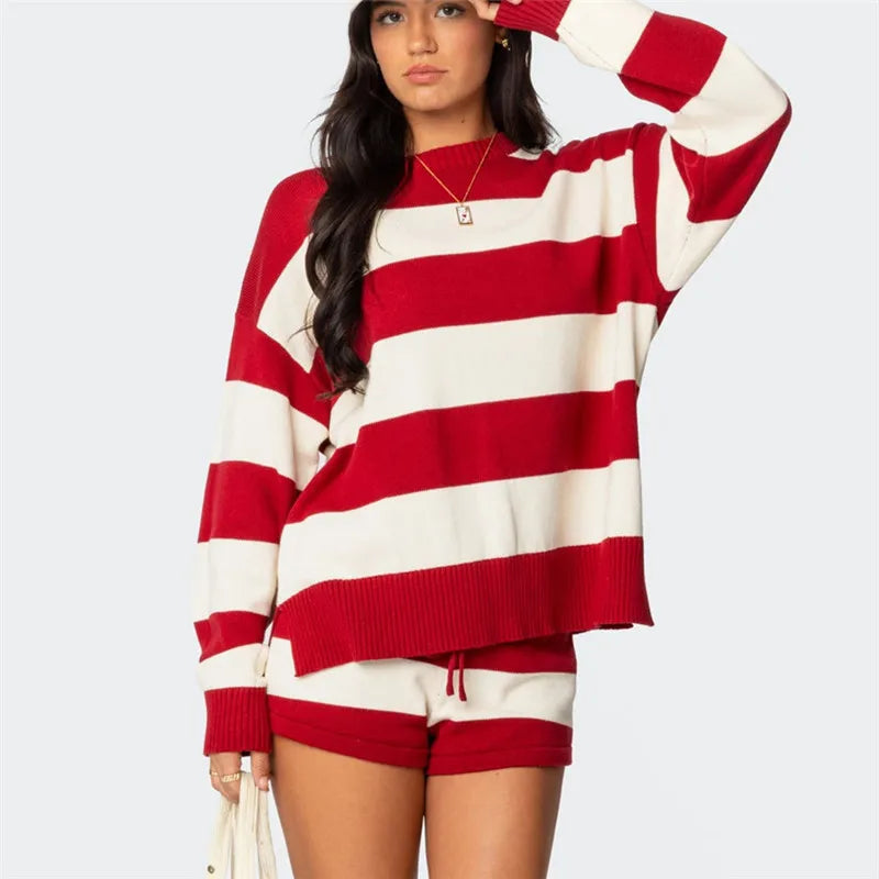 Women’s Y2K Striped Knit Lounge Set – Long Sleeve Top & Drawstring Shorts