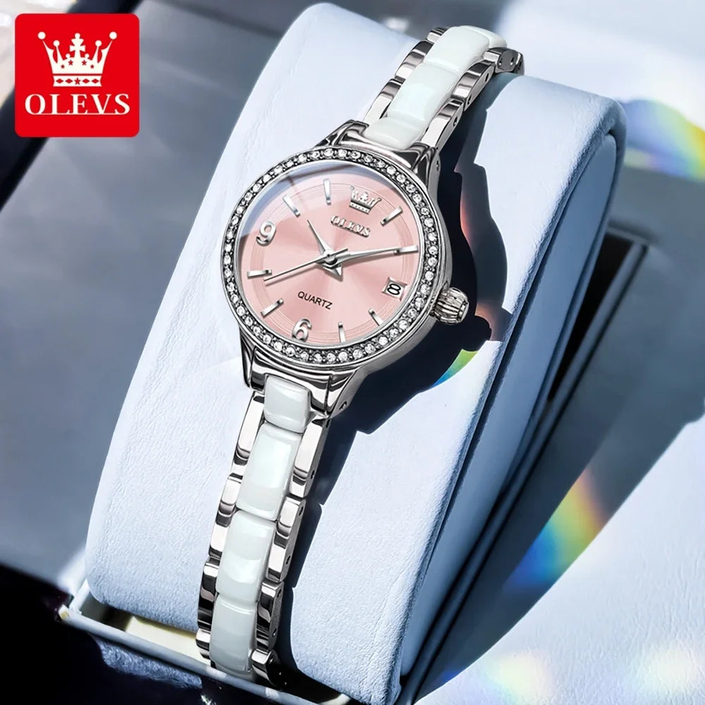 OLEVS Luxury Quartz Watch Women Elegant Ceramics Strap Waterproof Auto Date Luxury Lap Ladies Watches 7093
