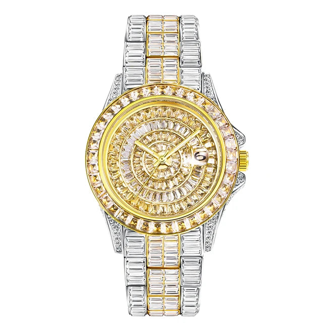 MISSFOX Full Iced-Out Men’s Watch | Luxury Diamond Silver Stainless Steel Quartz with Auto Date