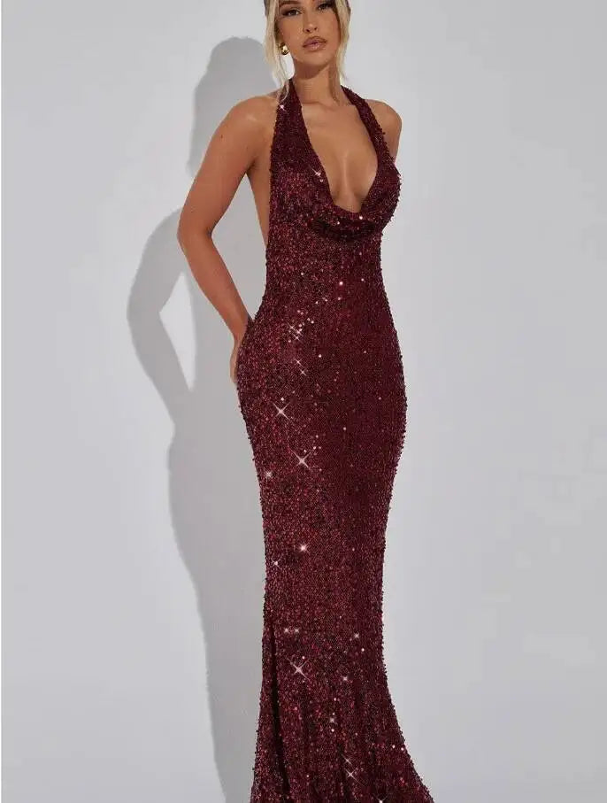 Giyu Sexy Glitter Sparkle Sequined Club Evening Party Dresses Women 2025 Summer Autumn Halter Backless Bodycon Maxi Long Dress