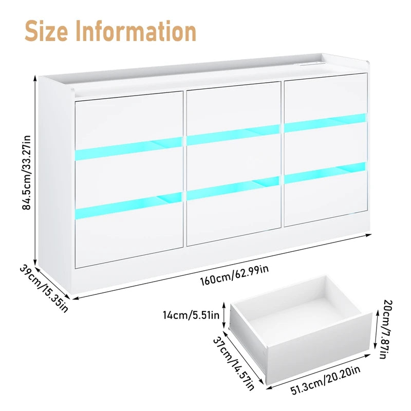 9 Drawer Dresser with Power Outlet & LED Light, Modern Chest of Drawers for Closet, 63" Drawer Organizer Cabinet for Bedroom