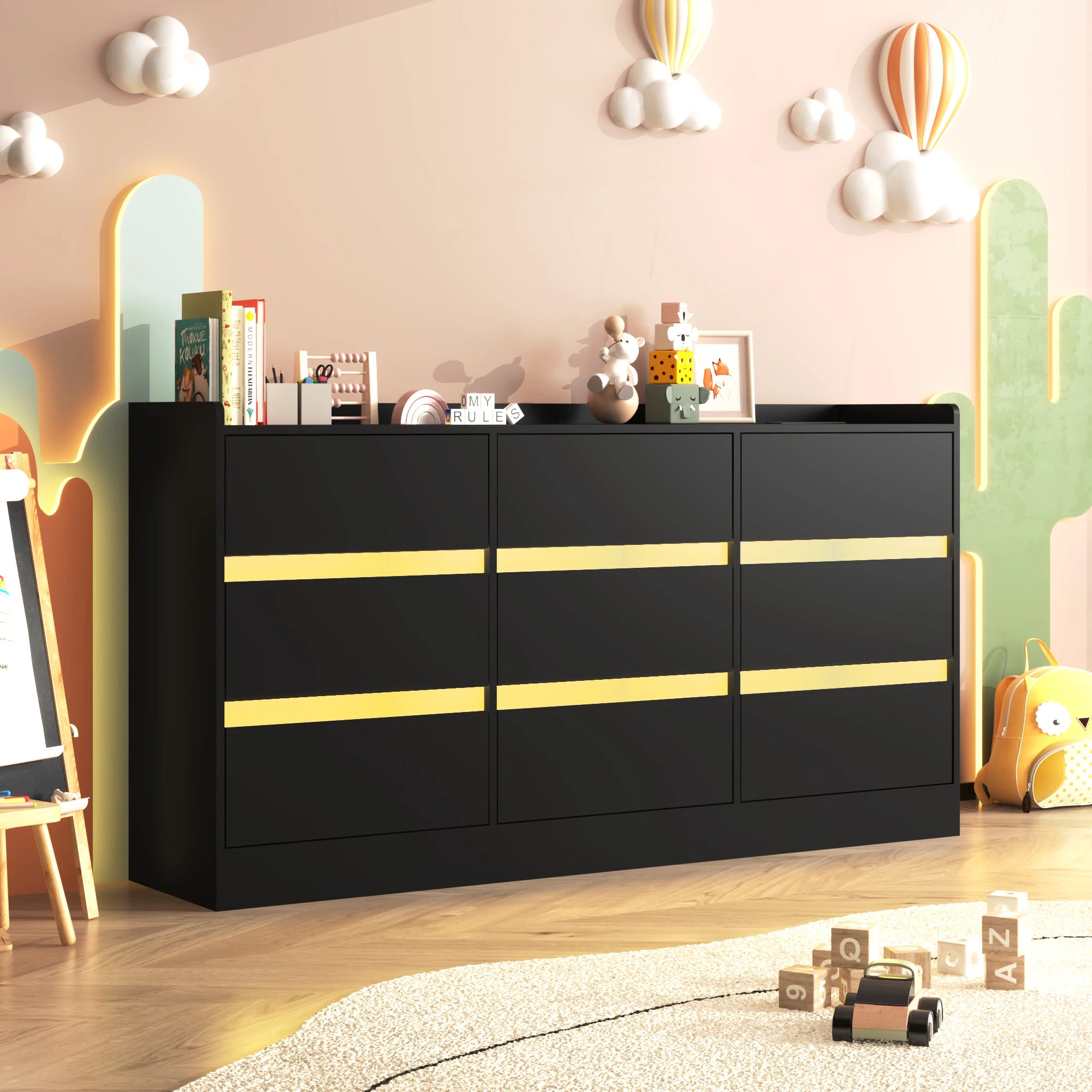 9 Drawer Dresser with Power Outlet & LED Light, Modern Chest of Drawers for Closet, 63" Drawer Organizer Cabinet for Bedroom