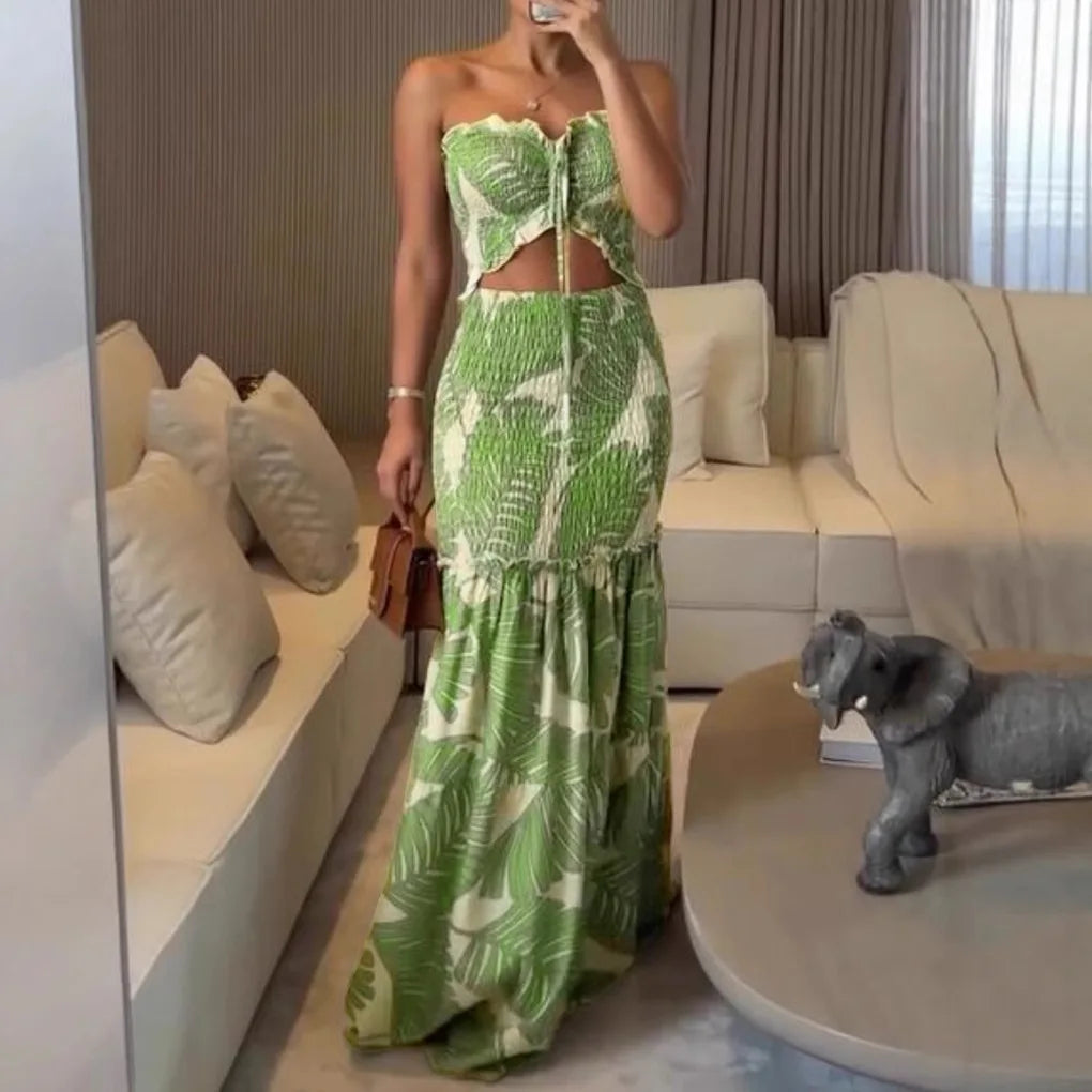 Spring Women Halter Dress Print Mermaid Long Dresses Bodycon Dress Female Summer New Fashion Holiday Sexy Lady Clothes