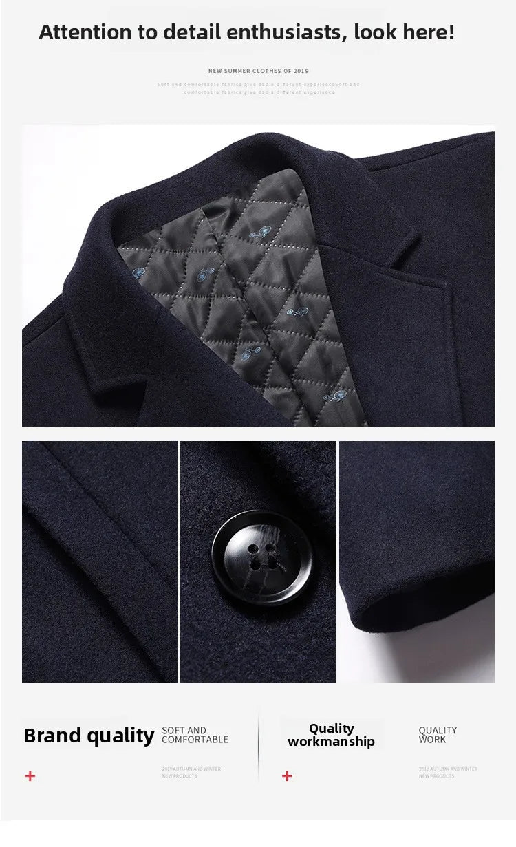 2025 Autumn/Winter New Lapel Woolen Coat for Men, Slim Fit, Korean Style, Mid-Length Coat for Young and Middle-Aged Men
