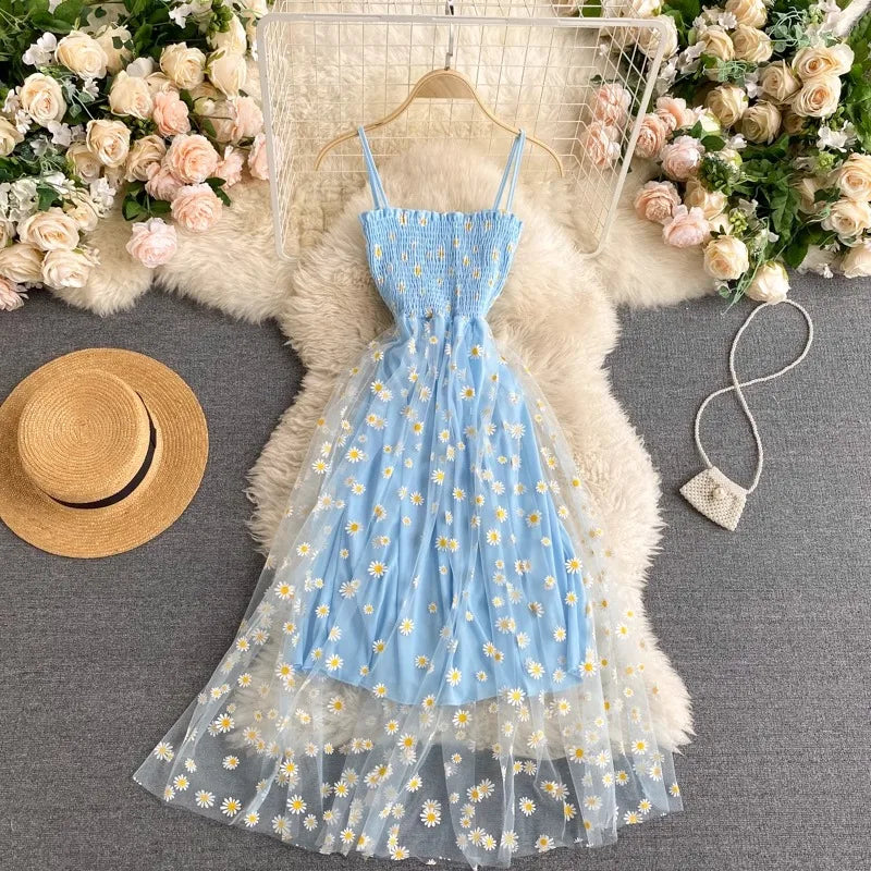 YuooMuoo Women Dress 2026 New Korean Fashion Floral Print Spaghetti Straps Mesh Party Dress Vacation Style Lady Beach Vestidos