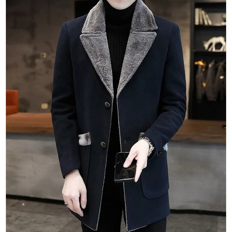 2025 Winter Men Plush Jacket Turn Down Collar Pocket Male Coat Single-breasted Long Sleeve Mid Length Business Man OverCoat