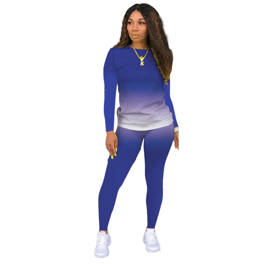 Plus size European and American cross-border spring and autumn new round neck gradient long sleeve trousers casual suit