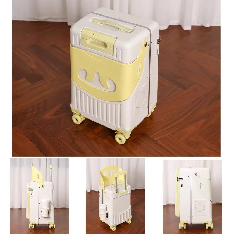 2025 New suitcase for children can Sit 20/22 inch Ride on Luggage Front Opening Sturdy Thickened Travel suitcase with Cup Holder