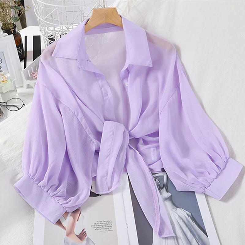 Women Summer Bat Half Sleeve Chiffon Shirt Casual Loose Button Hollow White Clothes Elegant Solid Color Tied Waist Blouse 9776