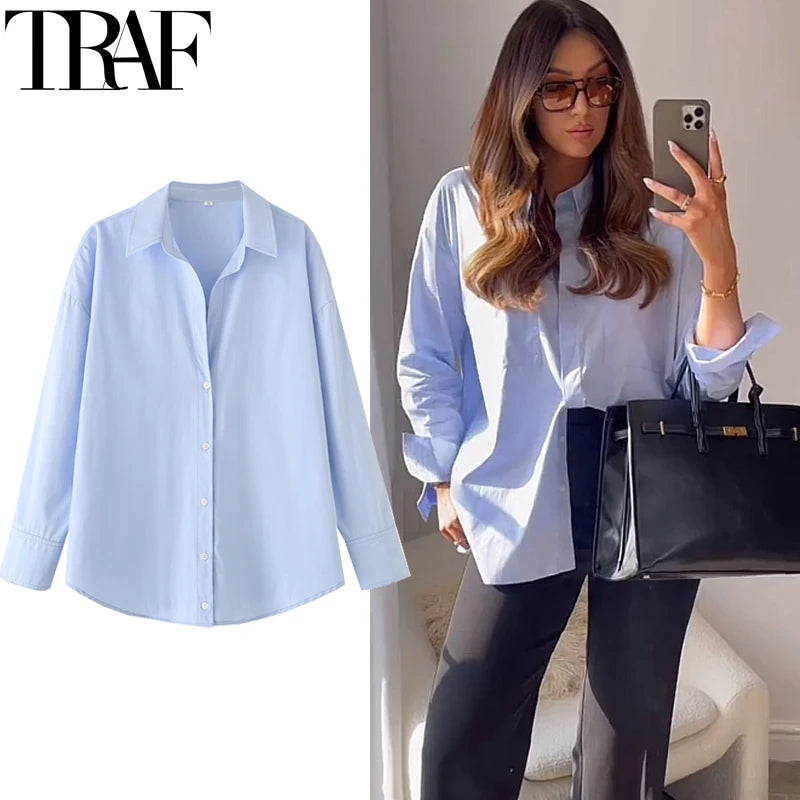HXAO 2025 Women's Shirt Long Blue Shirt Women Spring Long Sleeve Oversize Shirts Blouses Korean Style Casual Button Up Shirts