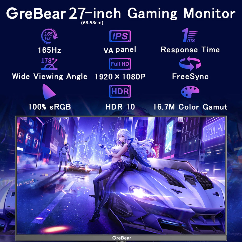 Grebear 27" Curved Gaming Monitor — FHD 1080p | 165Hz | 1ms MPRT | Adaptive Sync