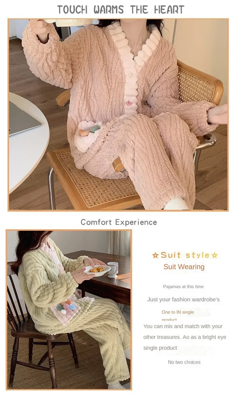 Women’s Flannel Cardigan Pajama Set – Soft Winter Lounge Top & Pants