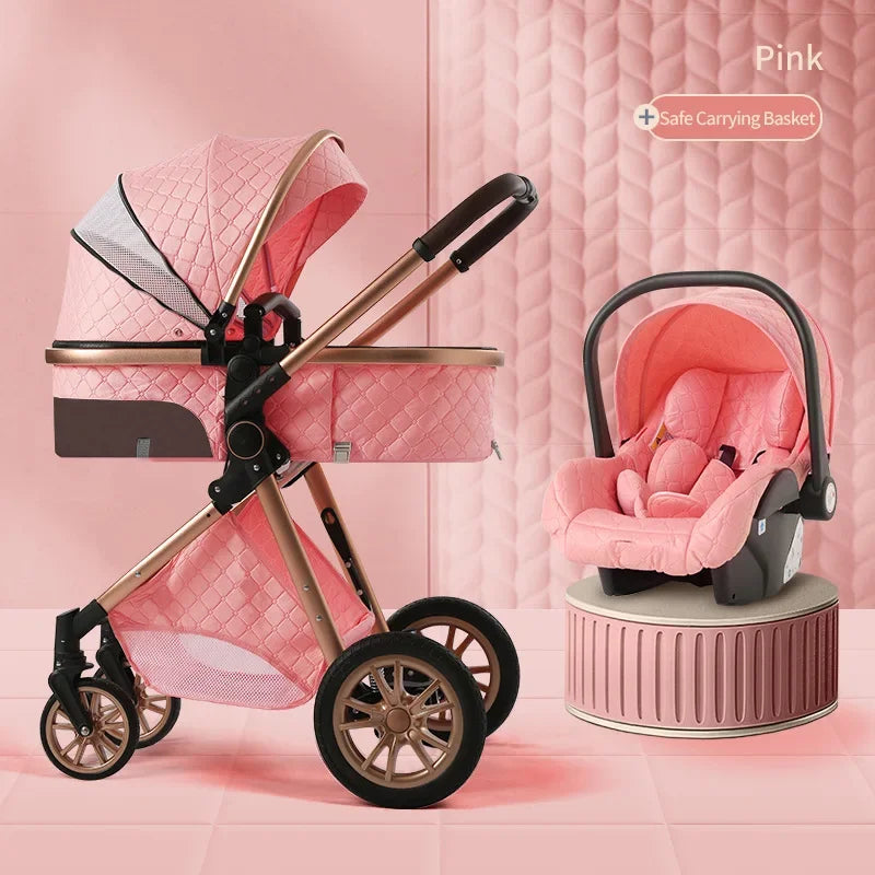 Luxury Baby Stroller 3 in 1 High Landscape Baby Cart Can Sit Can Lie Portable Pushchair Baby Cradel Infant Carrier