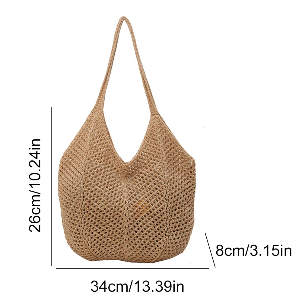 Women Knitting Shoulder Bag Large Capacity Knitting Underarm Bag Solid Crochet Tote Handbag Summer Mesh Beach Bag Hobo Bag