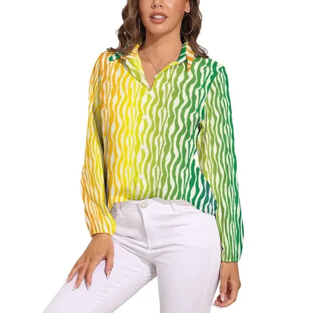 Green Zebra Stripes Blouse Woman Animal Print Casual Loose Blouses Long Sleeve Kawaii Shirts Graphic Top Big Size 2XL 3XL