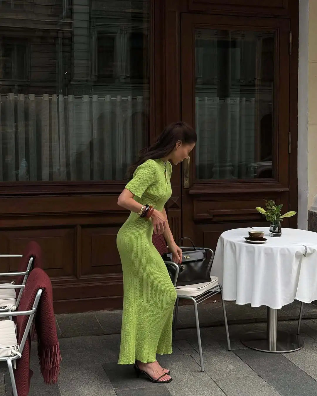 Tossy Knit Hollow Out Lace-Up Dress Female Ribbed Short Sleeve Patchwork High Waist Elegant Long Dress Women's Knitwear Dress