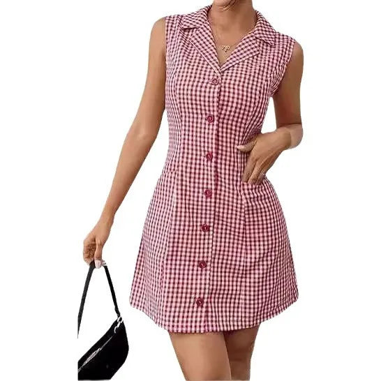 French Retro Plaid Dresses Women Summer New  Sleeveless Round Neck Button Up Cocktail Dress Female Bodycon Dresses Vestidos