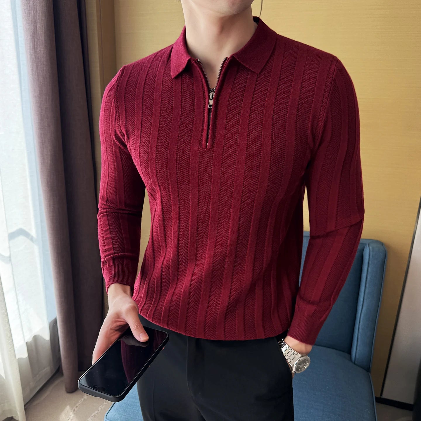Men's Zip-Front Knit Sweater - White Polo Collar (Black/Burgundy/Cream) M-4XL Soft Touch Autumn Winter Casual Style