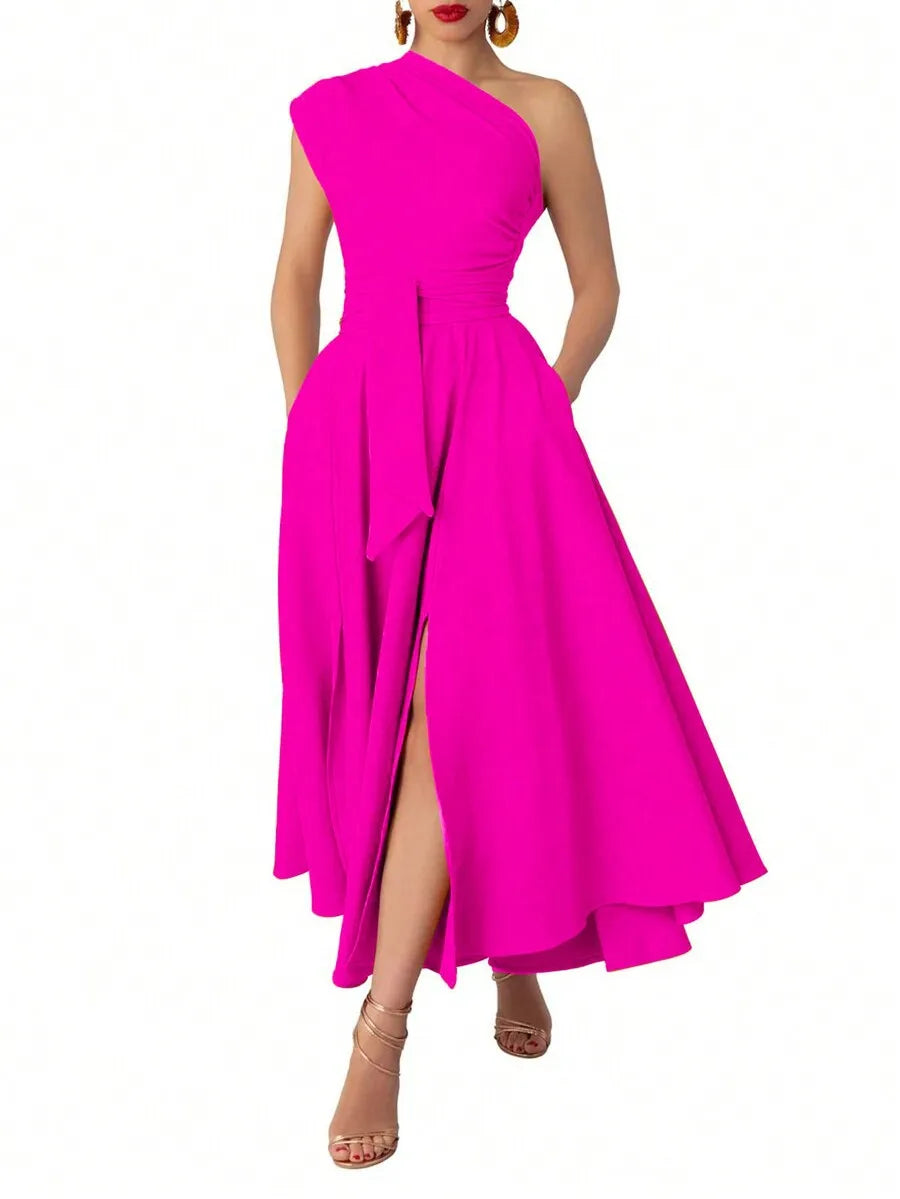 Women's Black Asymmetrical One-Shoulder Maxi Dress with Side Slit and Waist Tie