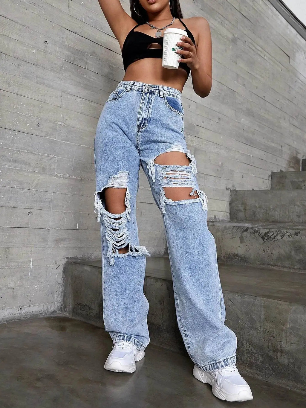 Women’s High-Waist Ripped Jeans – Mid-Stretch Trendy Denim