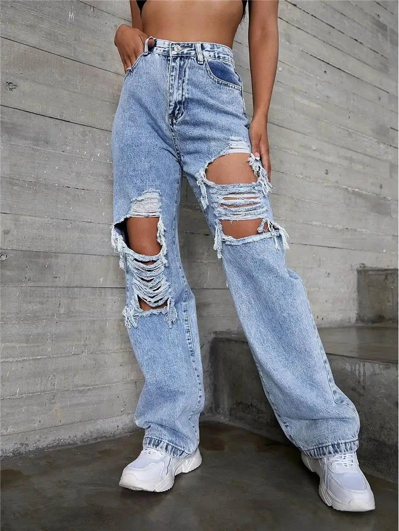 Women’s High-Waist Ripped Jeans – Mid-Stretch Trendy Denim
