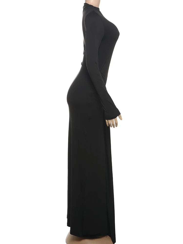 Weird Puss Ruched Elegant Maxi Dress Women Daily Casual Fashion Skinny Full Sleeve Solid Gown Midnight Prom Party Long Bodycon