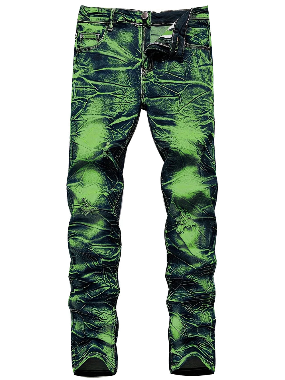 Men Hole Ripped Stretch Denim Jeans Streetwear Slim Tapered Pants Tie Dyed Trousers Men Green Jeans