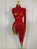 New Stage Costume Sparkly Rhinestones Tassel Sexy See-Through Dress Women One Shoulder Latin Dance Bars Nightclub Party Outfits