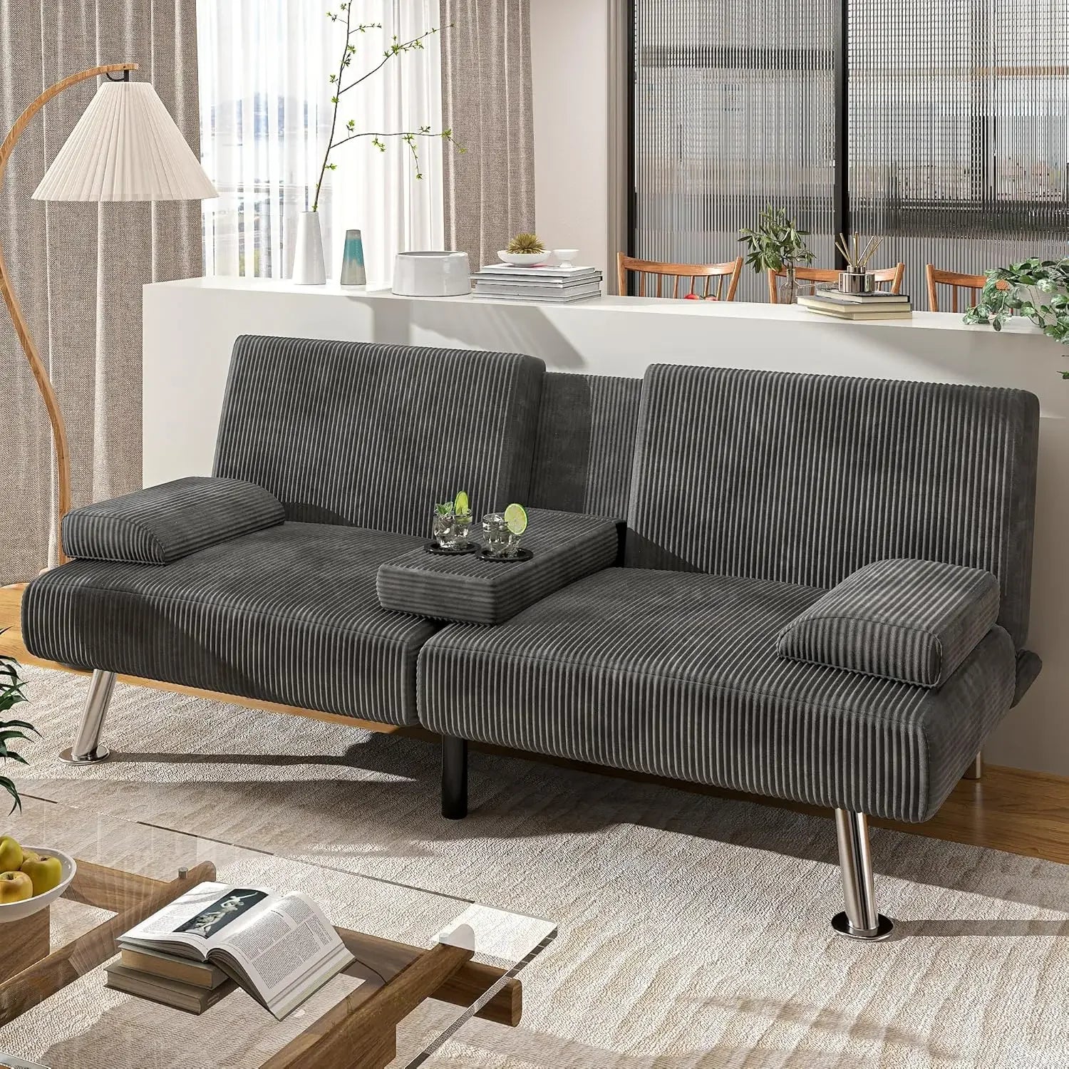 Modern Linen Upholstered Convertible Folding Futon Sofa Bed with Removable Armrests, Metal Legs, 2 Cup Holders for Living Room