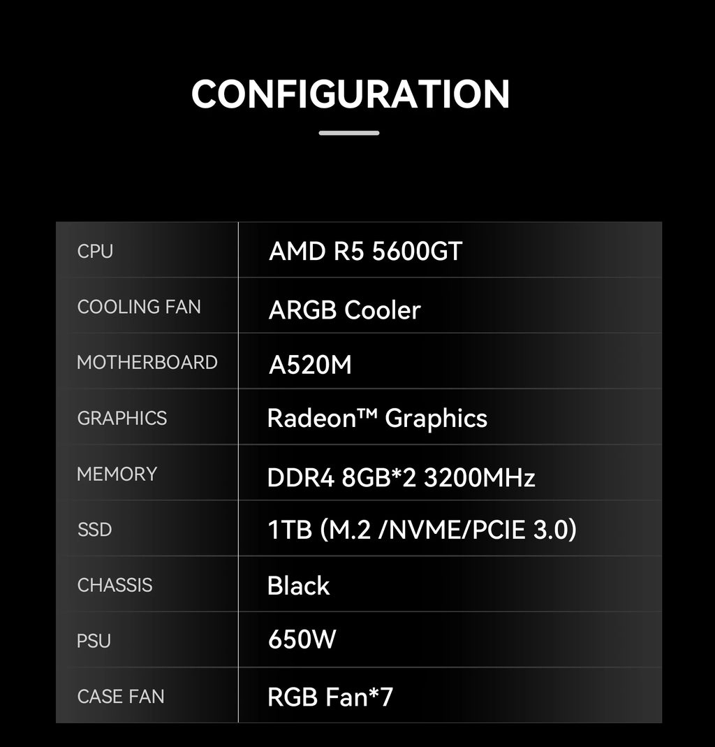 YEAH MAGIC Gaming Desktop — Ryzen 5 5600GT, Radeon Graphics, 16GB DDR4 3200MHz, 1TB NVMe SSD, 7×ARGB Fans, Wi-Fi 6, Windows 11 Home