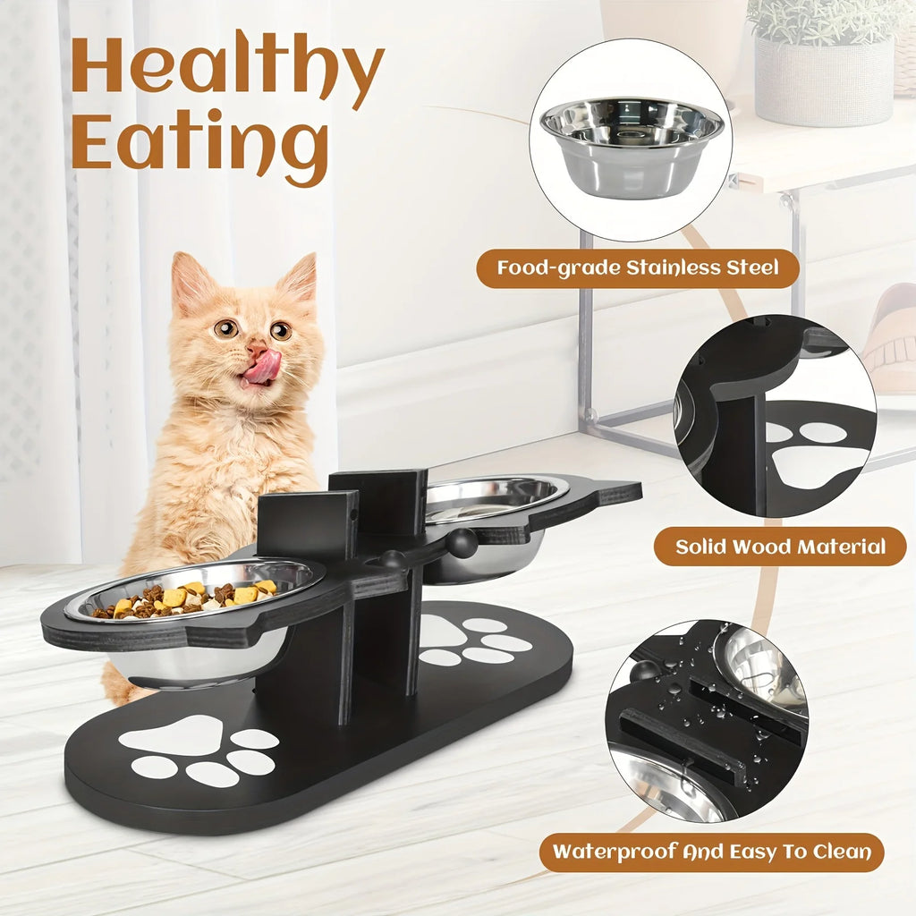 Elevated Cat Bowls 15° Tilted Raised Cat Food Bowls with Wooden Stand Anti Vomiting 3 Stainless Steel Bowls for Cats and Puppy