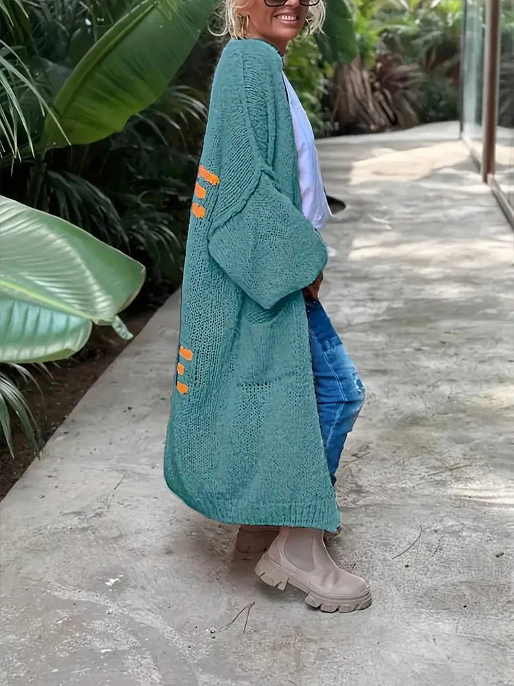 Plus Size Women’s Striped Patchwork Knitted Cardigan – Loose Turtleneck Long Sweater Coat (1XL–4XL)