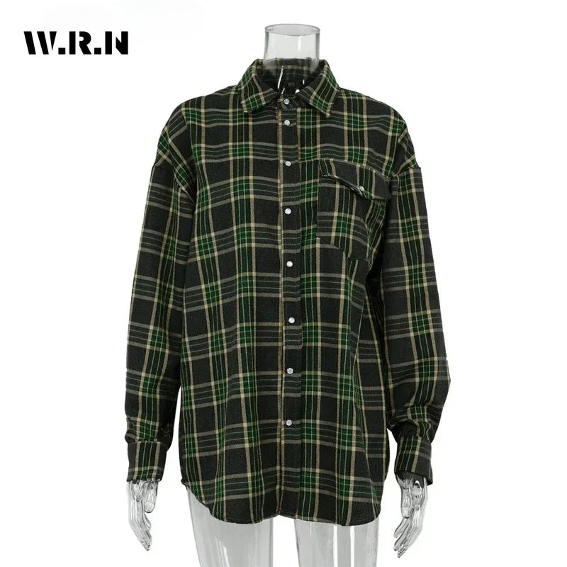 Fashion Baggy Plaid Women'S Blouse Elegant Lapel Long Sleeve Shirts And Blouses Vintage Pocket Lace-Up Top Female 2025
