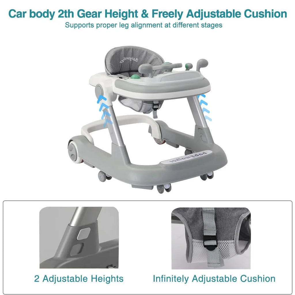 Foldable Activity Walker, Toddler Baby Push Walker with Removable Feeding Tray & Music Tray(Without Battery), 2 in 1 Baby Walker