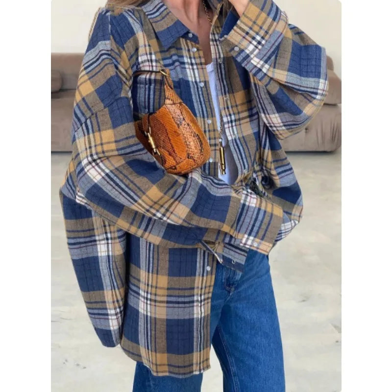Fashion Baggy Plaid Women'S Blouse Elegant Lapel Long Sleeve Shirts And Blouses Vintage Pocket Lace-Up Top Female 2025
