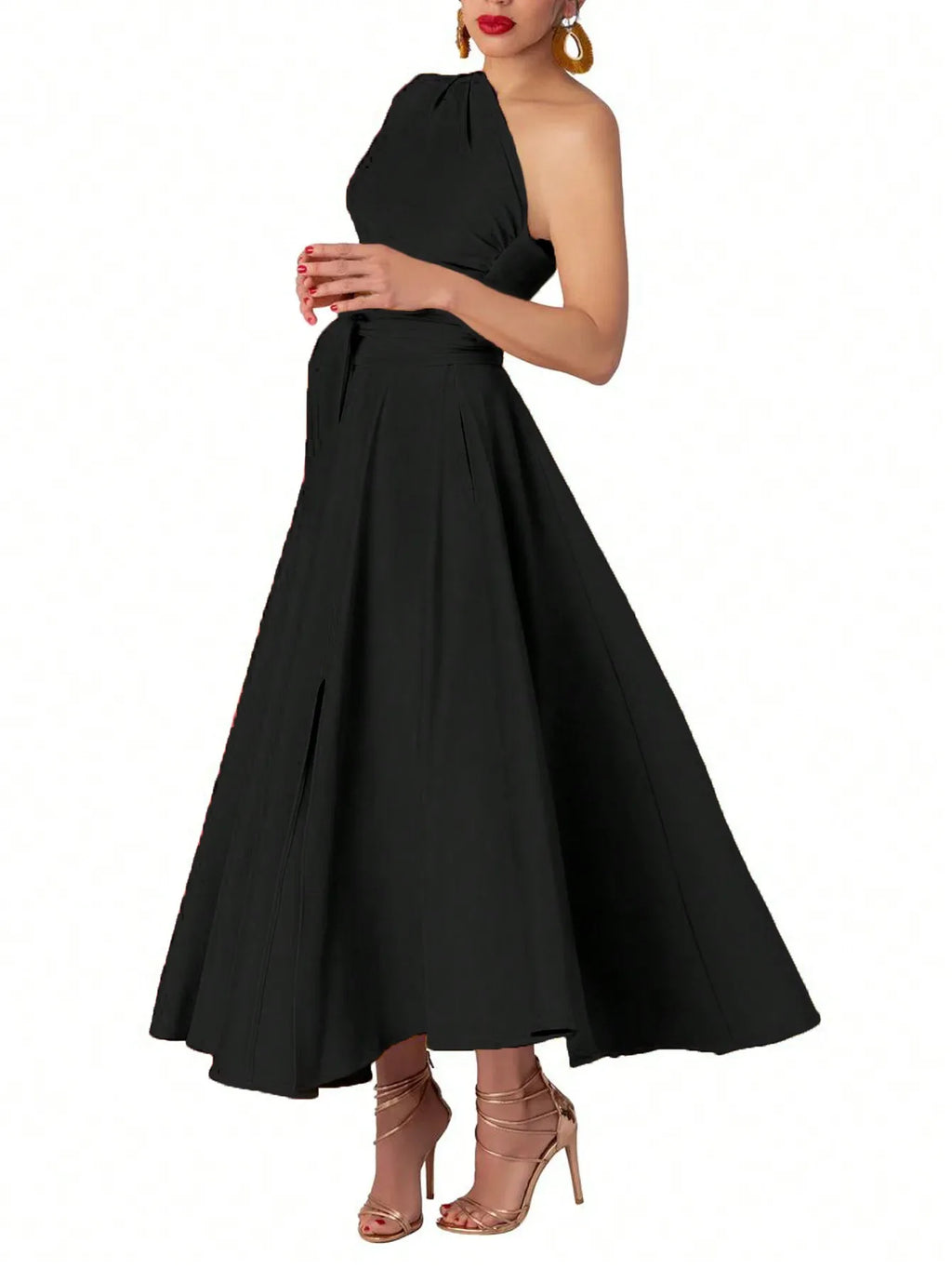 Women's Black Asymmetrical One-Shoulder Maxi Dress with Side Slit and Waist Tie