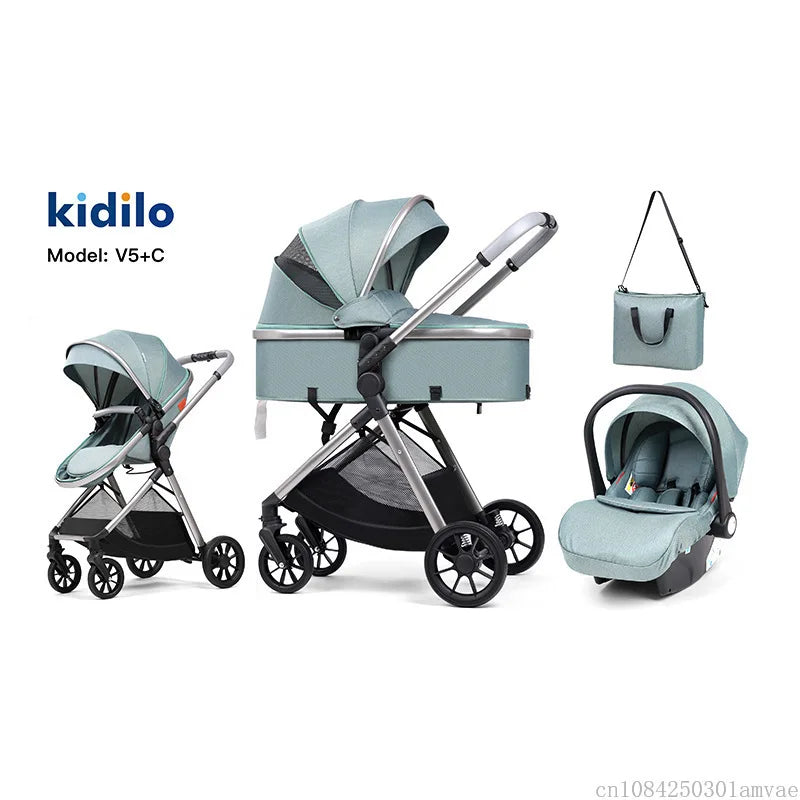 3 in 1 multifunctional baby stroller equipped with car seats for sitting and lying down, lightweight and comes with a mommy bag