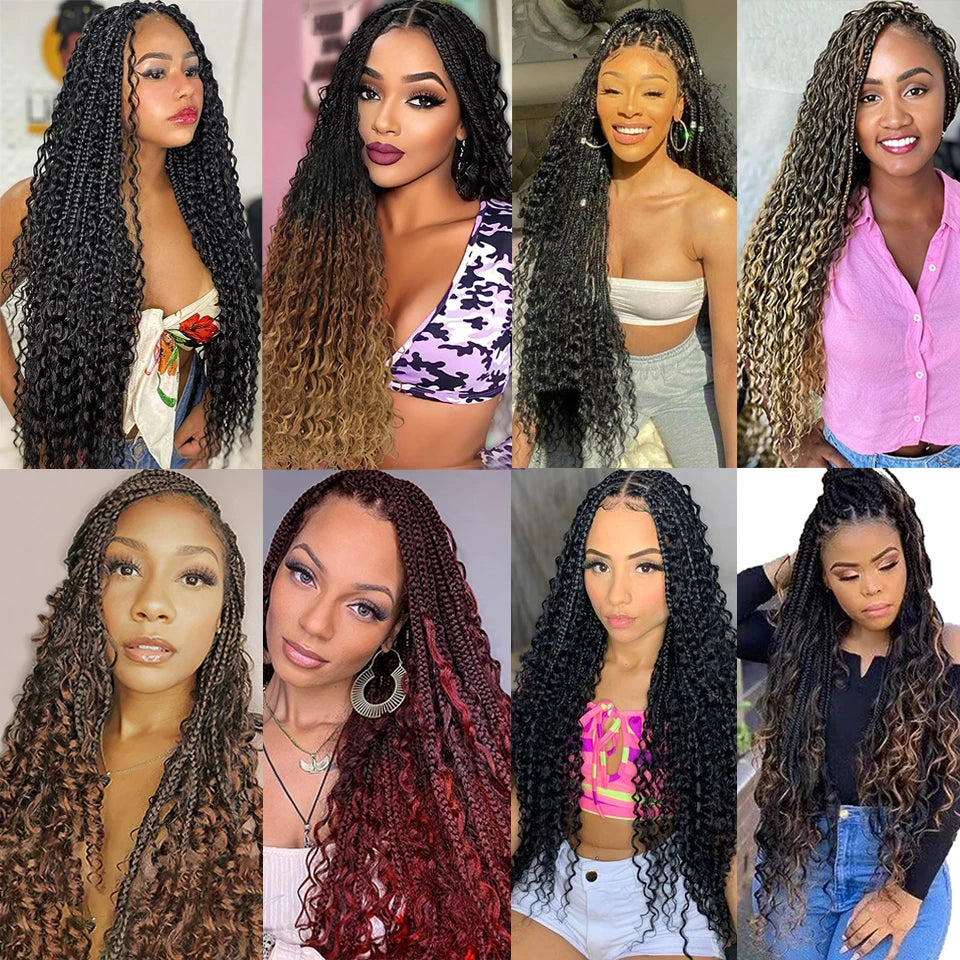 Boho Box Braids Goddess Bohemian Hippie Braids Braiding Hair Box Braids with Curly Ends Messy Pre-looped Synthetic Crochet Hair