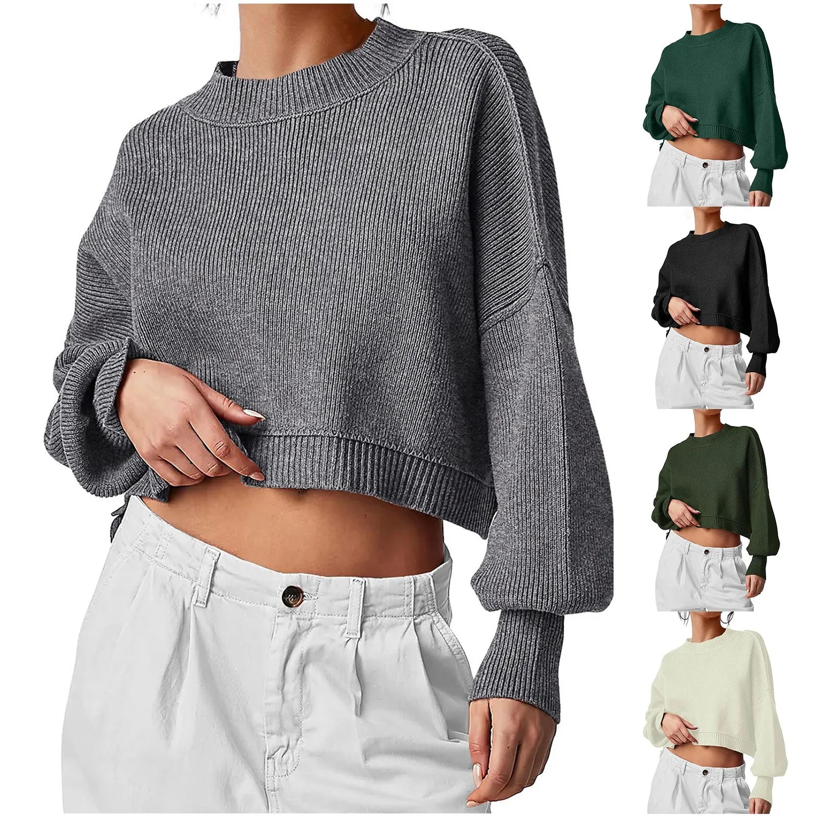 ZOMAXIUJEE 2024 Fall Cropped Knit Sweater – Crew Neck, Puff Sleeve, Oversized Pullover for Women
