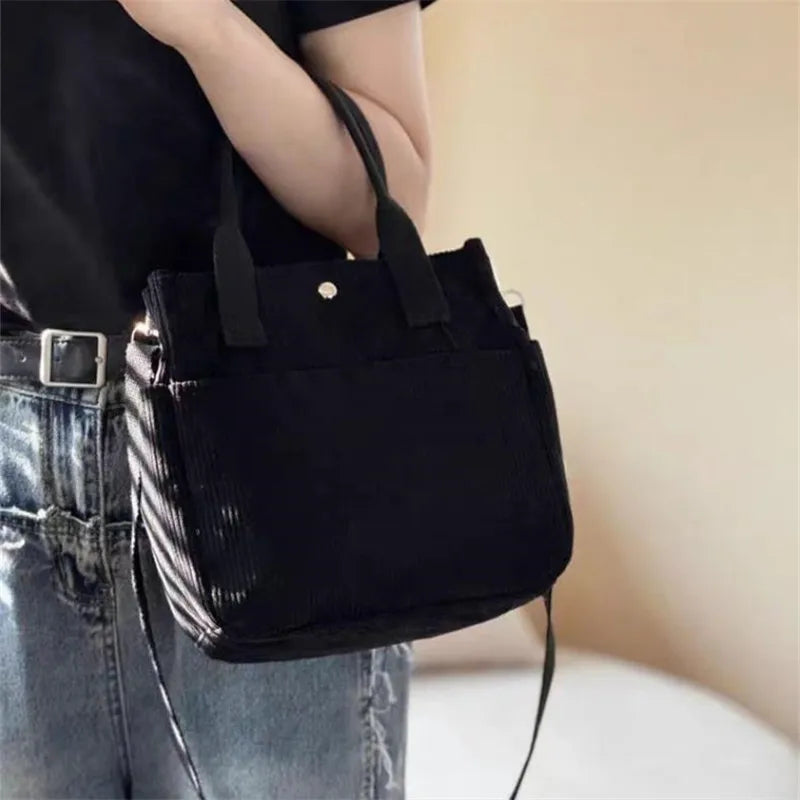 Hand Washable Corduroy Tote Bag with Multiple Pockets, Everyday Crossbody or Shoulder Bag, Solid Color Satchel for Daily Use