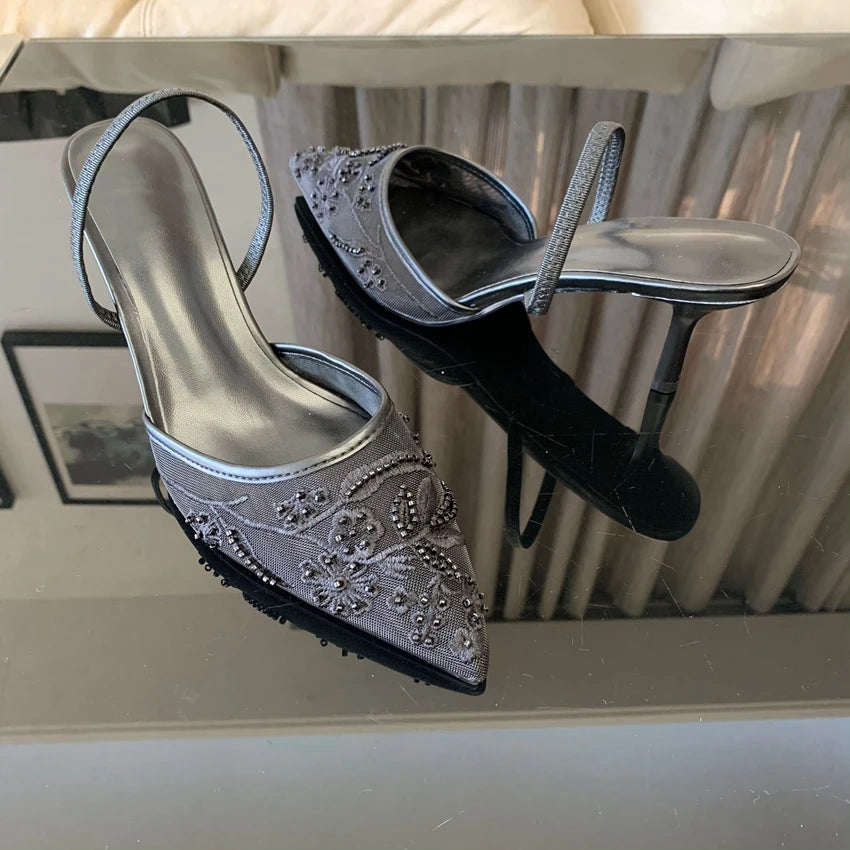 Brand Designer White Women Pumps Mesh Embroidered Flowers Back Strap Sexy Slingback High Heels Dress Wedding Shoes for Ladies