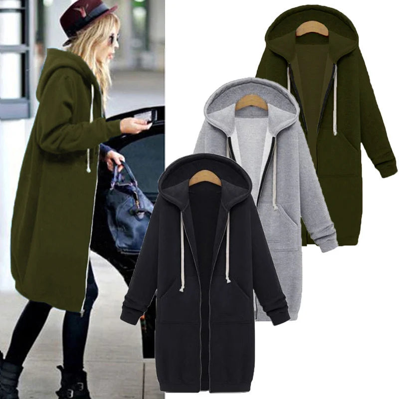 2025 Women's Autumn Winter ThickenHoodies Parkas Loose Hooded Jackets Zipper Pocket Plus Size Sweatshirt Sports Dresses Outwear