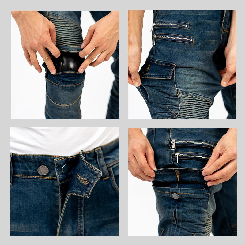 New Double Zipper Metal Style Motocross Moto Trousers Men For Woman Outdoor Riding Jeans With Protective Gear Motorcycle Pants