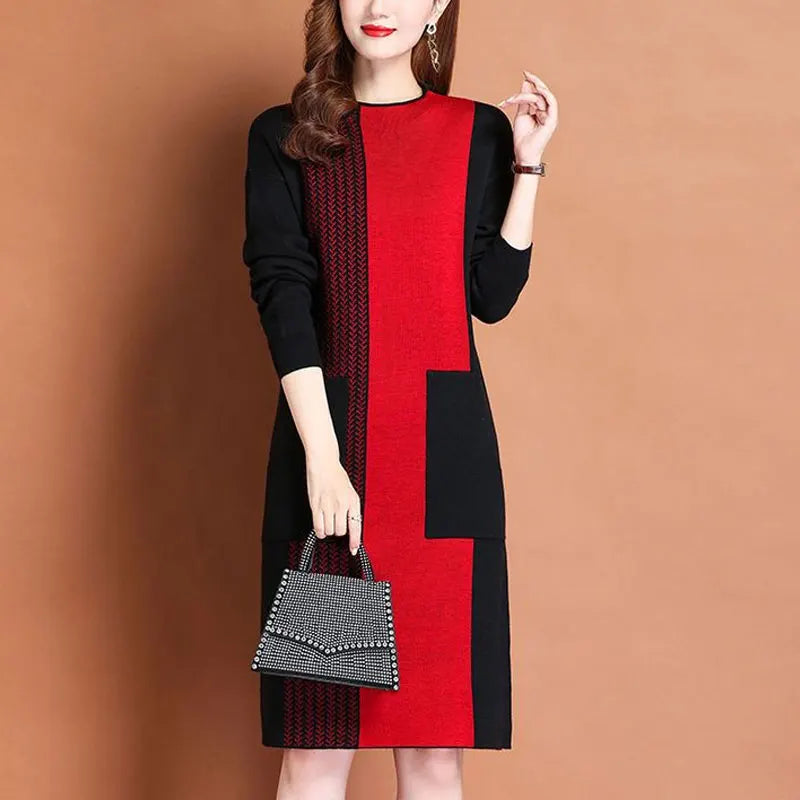 Vintage Spliced Printed Knitted Dresses Autumn Winter Casual O-Neck Women's Clothing Fashion Pockets All-match A-Line Midi Dress