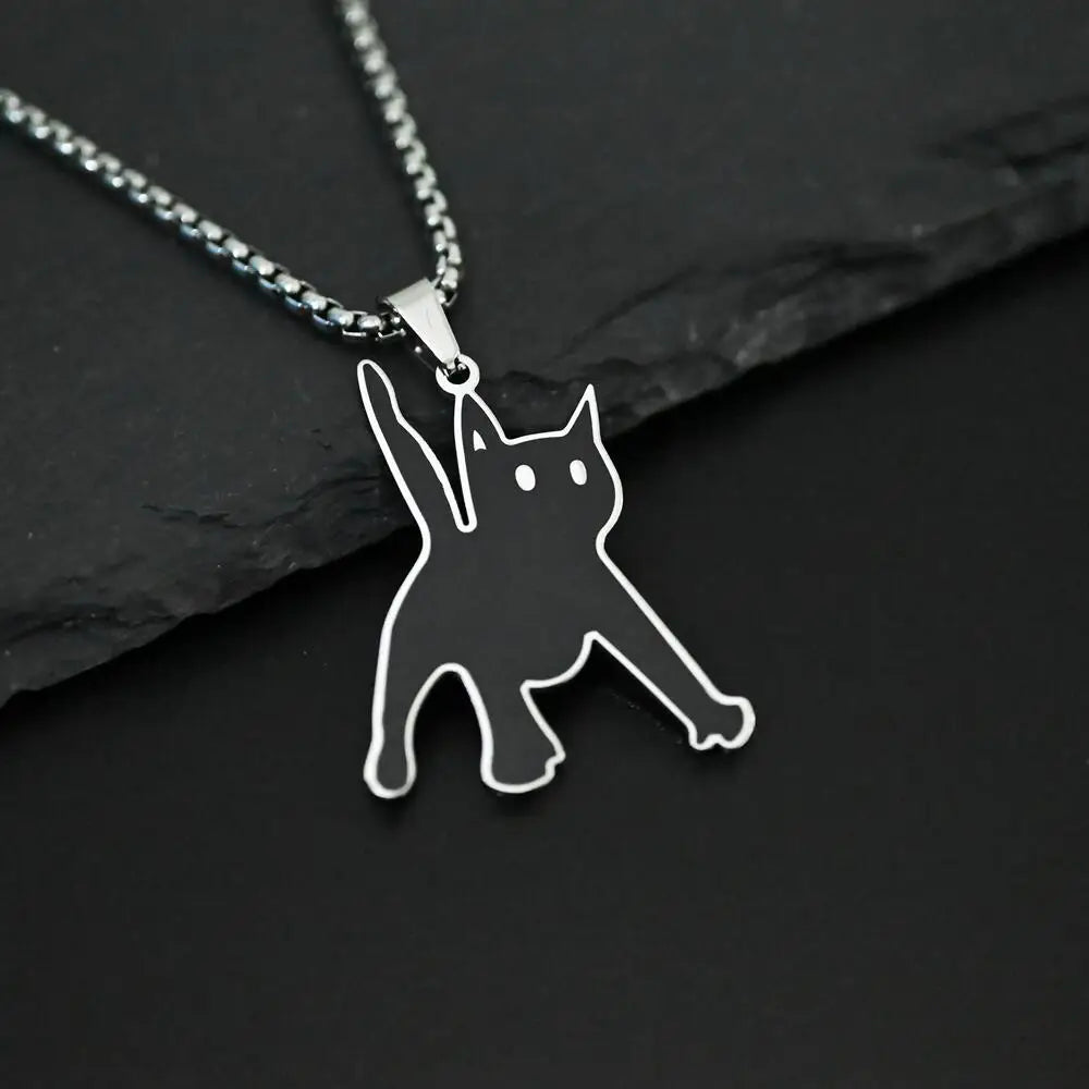 Scared Black Cat Pendant Necklace | Titanium Steel K-Pop Fashion Chain for Men & Women