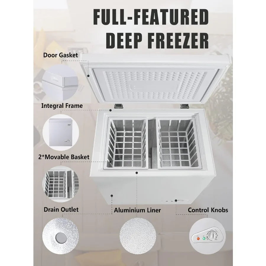 7.0 Cu.Ft Chest Freezer with 7-Gear Temperature Control Ranging from -4F to 6.8F Deep Compact Design Featuring Two Removable Ba