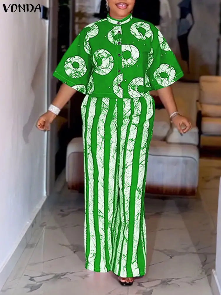 5XL VONDA Plus Size 2 Piece Outfits Autumn Women Bohemian 3/4 Sleeve Fashion Shirts Wide Leg Pants Print Vintage Pant Sets 2PCS