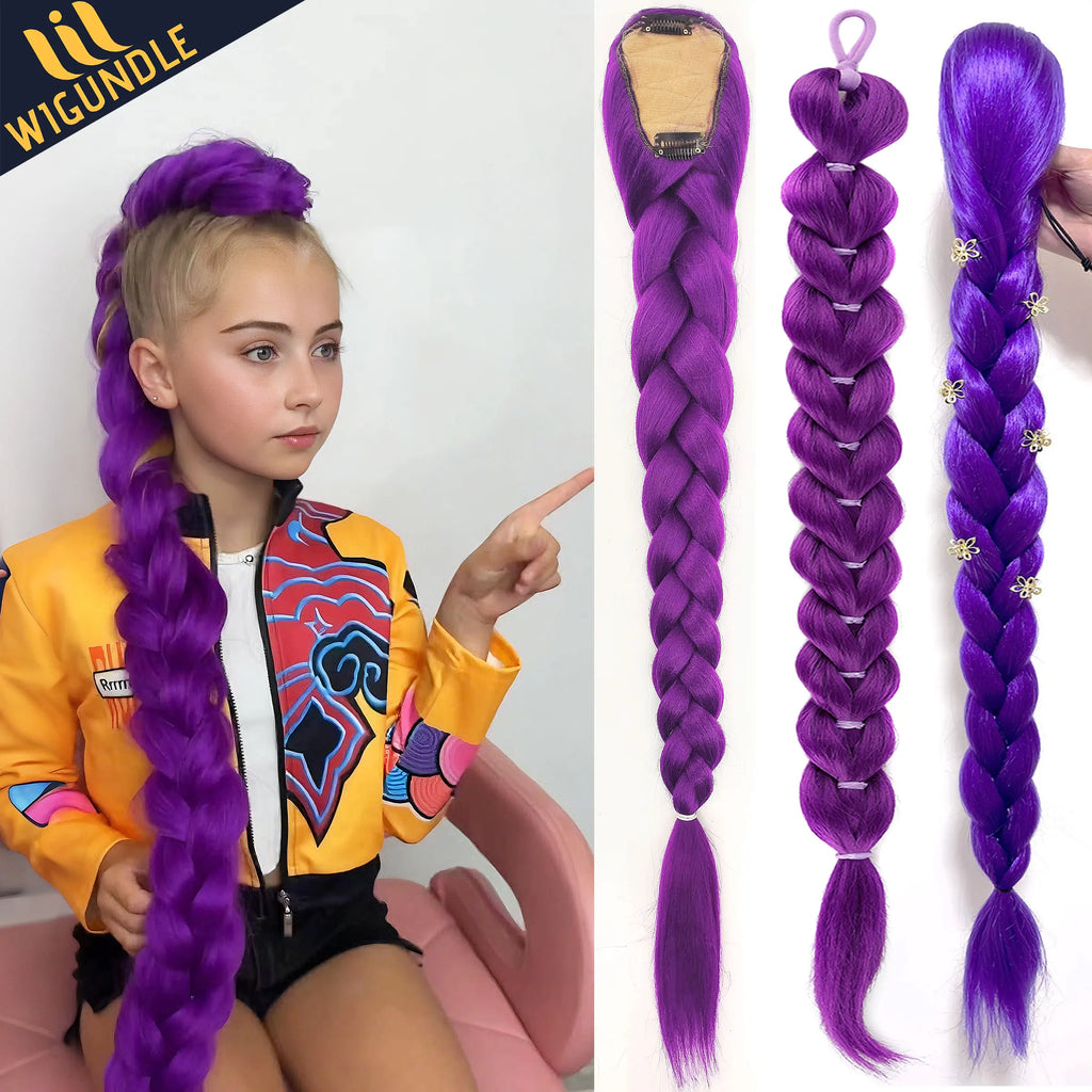 Ru mi Synthetic Braids Purple Hair Ponytail Costume Hairstyle 26inch Long Ponytail with Clips for Kids Girls Halloween Christmas