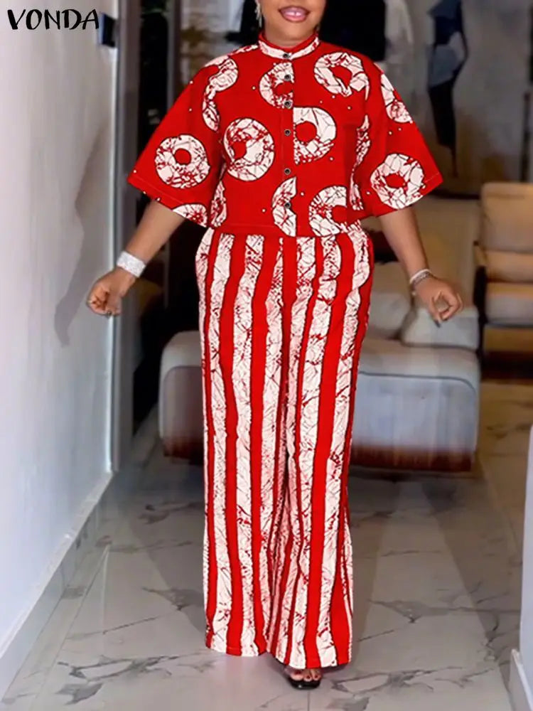 5XL VONDA Plus Size 2 Piece Outfits Autumn Women Bohemian 3/4 Sleeve Fashion Shirts Wide Leg Pants Print Vintage Pant Sets 2PCS
